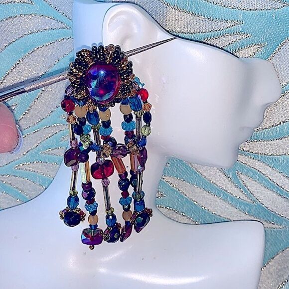 Multi color glass artisan beaded festoon chandelier earrings clip back red - Picture 4 of 10
